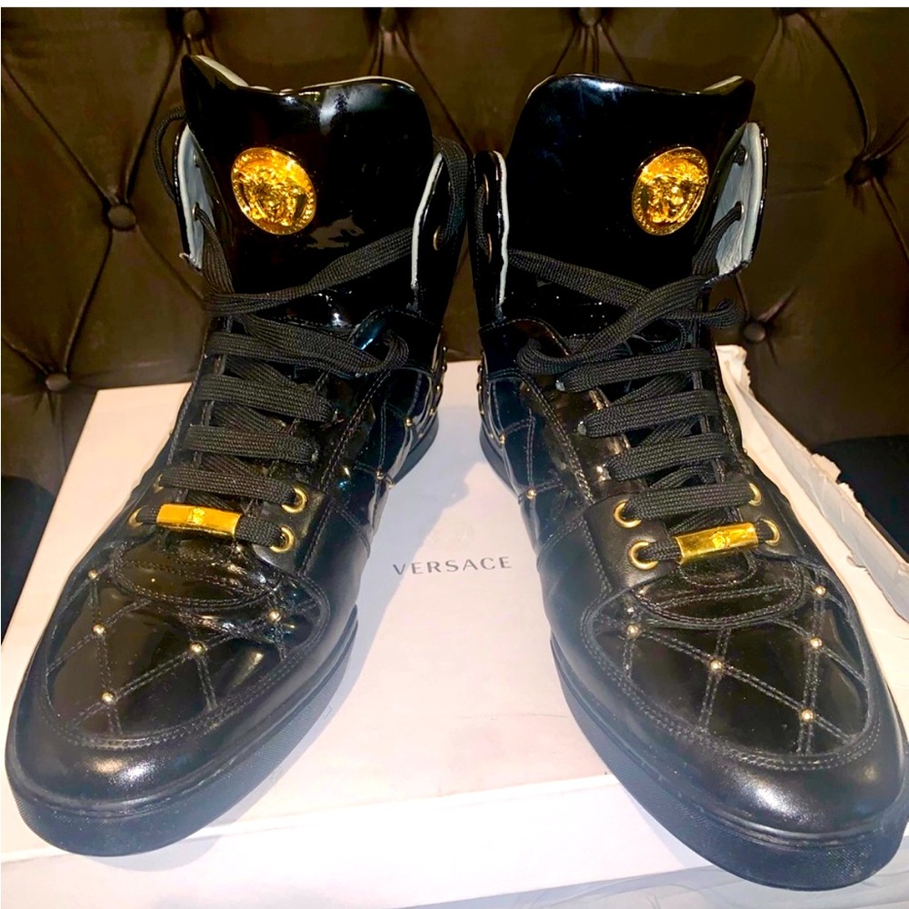 Versace Patent Black Leather Gold Studded Sneakers(no box)